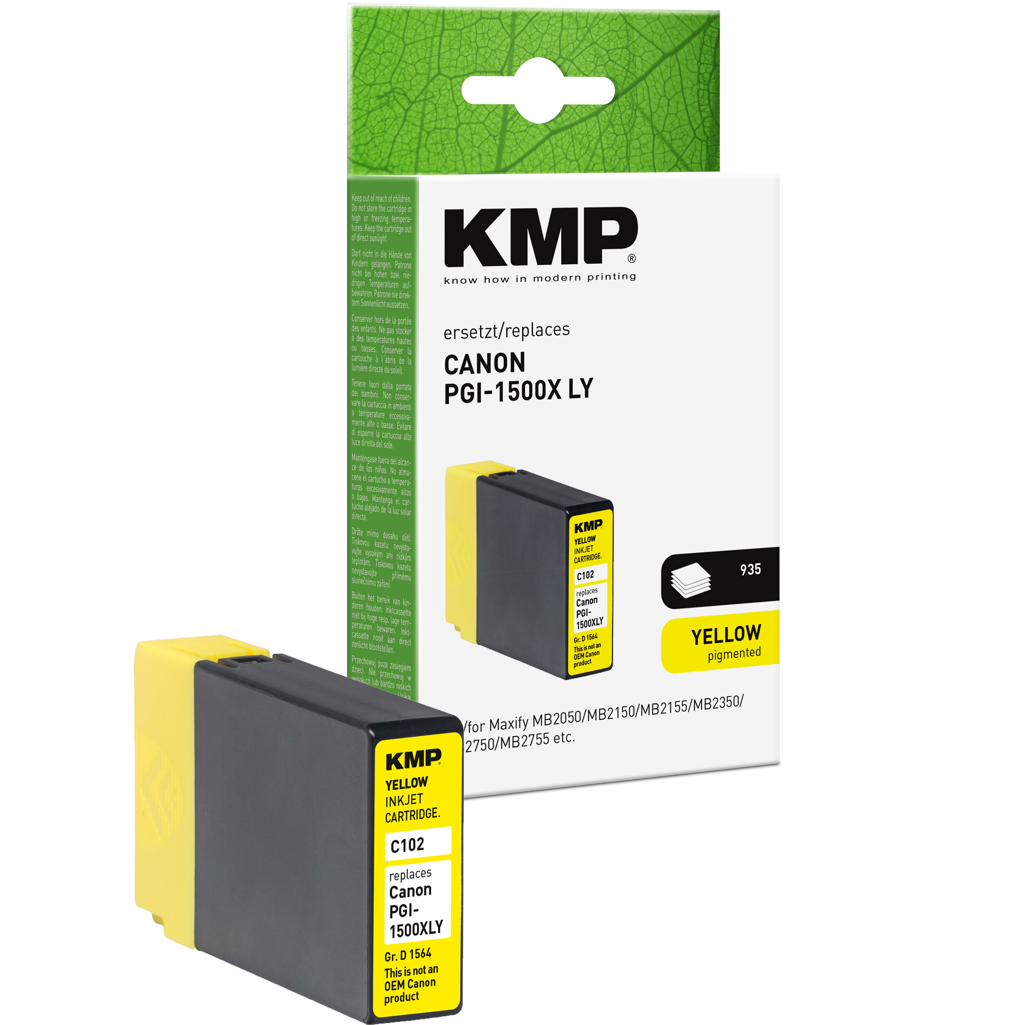 KMP C102 kompatibilní inkoustová kazeta Canon PGI1500XL Y / 9195B001, žlutá
