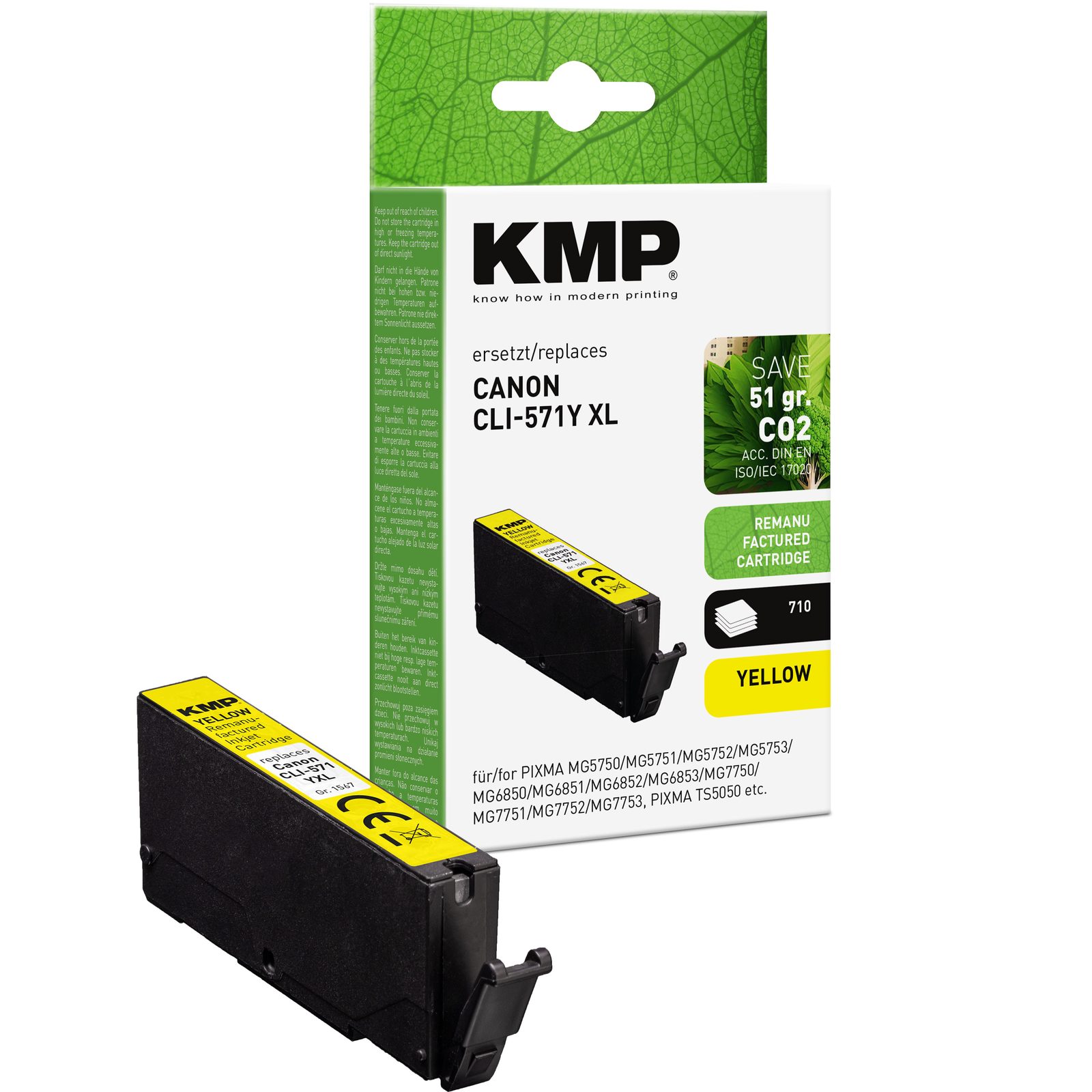 KMP C107YX kompatibilní inkoustová kazeta Canon CLI571 Y XL / 0334C001, žlutá