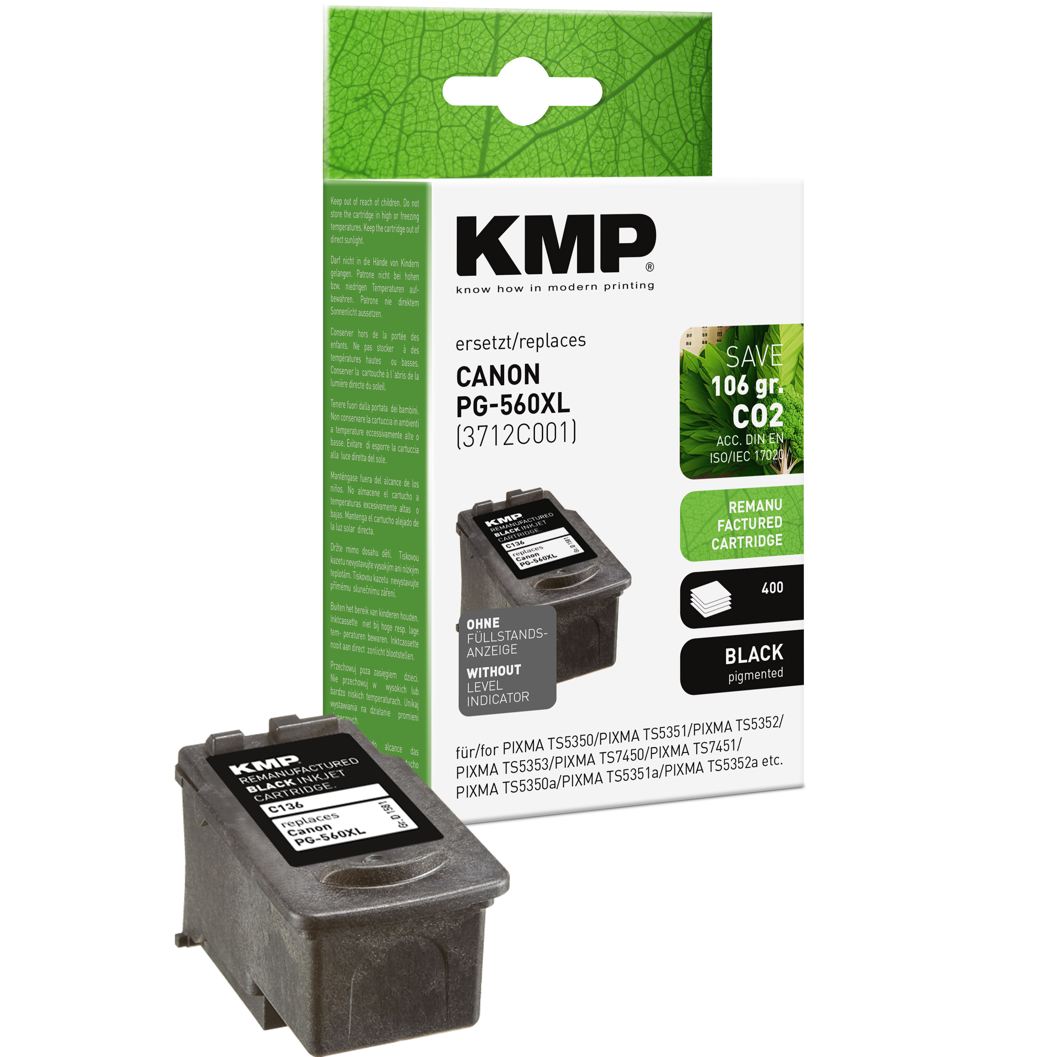 KMP C136 kompatibilní inkoustová kazeta Canon PG-560XL (3712C001), černá